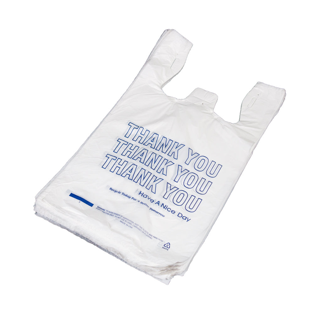 Thank You T Shirt Bags pk. of 925 White 11.5x6.5x21 14 Microns 1/6 size Blue Print Plastic Shopping Bags