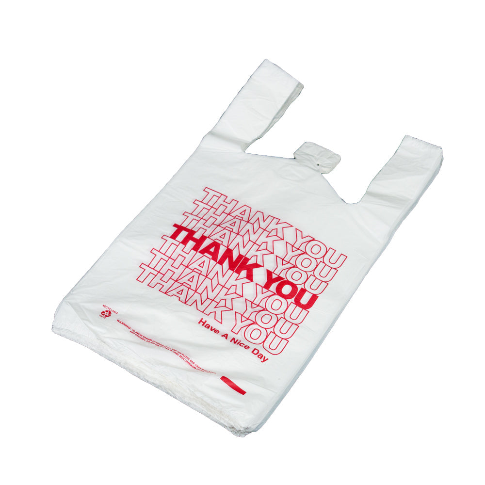 Thank You T Shirt Bags pk. of 500 White 12x7x23 16 Microns 1/6 size Red Print Plastic Shopping Bags
